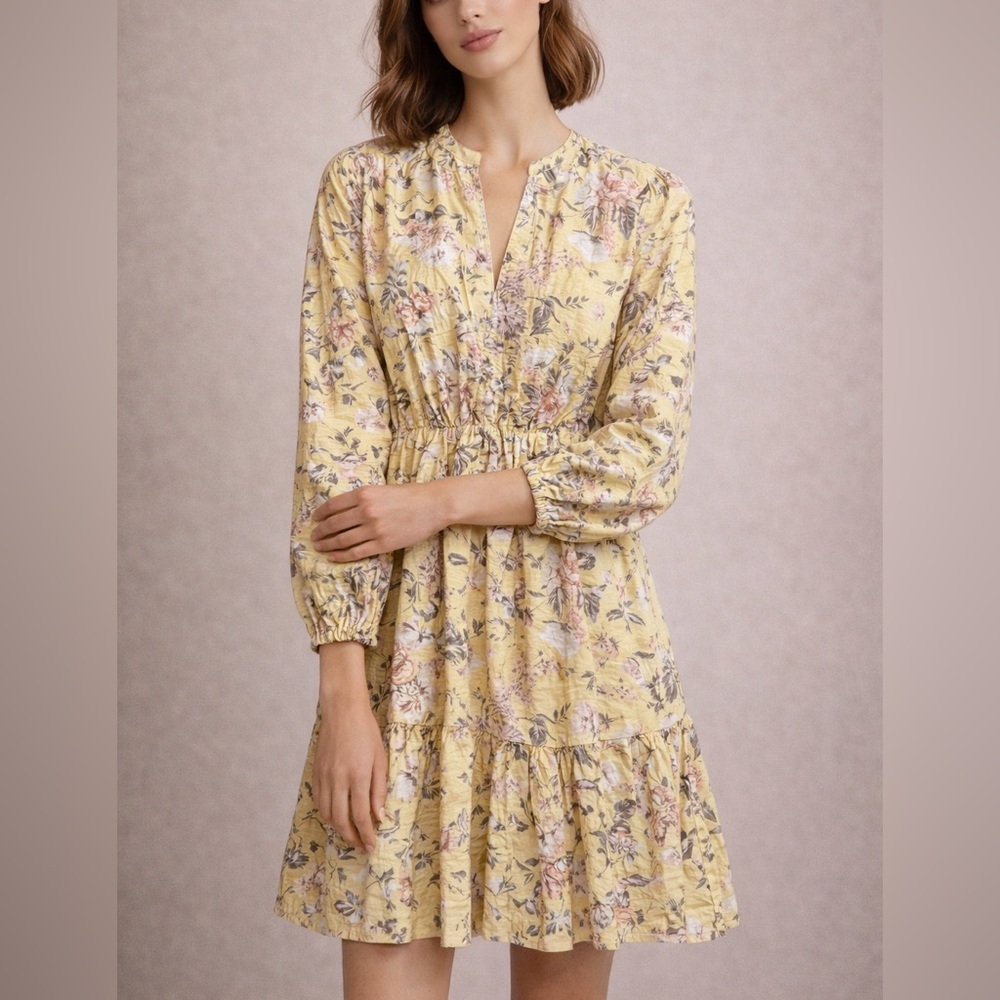 NWT FRYE Yellow Floral Long Sleeve Cotton Dress Size S